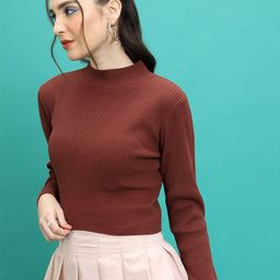 Tokyo Talkies Brown Ribbed Acrylic Crop Pullover Sweater-57