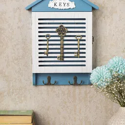 MARKET99 Blue & White Wood House Shaped Key Box-31