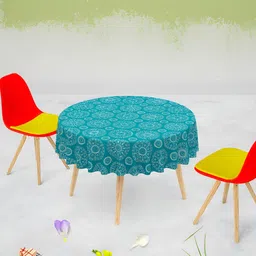 ArtzFolio Teal Blue Ethnic Motifs Print Canvas Anti-Slip Round 6-Seater Table Cover-image-76