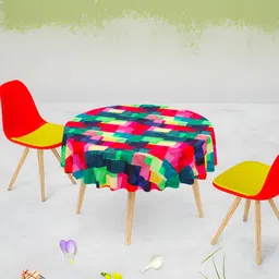 ArtzFolio Red & Blue Geometric Printed Canvas Anti-Slip Round 8-Seater Table Cover-27