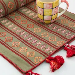 Eyaas Green & Red Printed Silk Blend Table Runner image 3