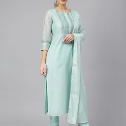 Janasya Women Embroidered Thread Work Kurta with Trouser & With Dupatta image 3