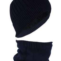 iSWEVEN Unisex Navy Blue Solid Wool Beanie Cap With Neck Warmer-51