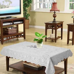 Kuber Industries White Floral Printed 4-Seater Rectangle Cotton Table Cover-50