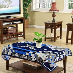 Kuber Industries Blue & White Floral Printed 4-Seater Rectangle Velvet Table Cover-32