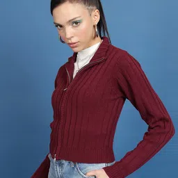 Tokyo Talkies Maroon Ribbed Acrylic Front-Open Crop Sweater image 2