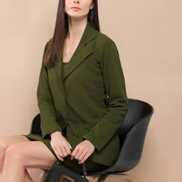 her by invictus Olive Round Neck Shoulder Straps Crop Top With Blazer & Skirt-picture-27