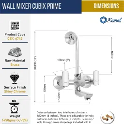 kamal Wall Mixer - Cubix Prime| Heavy Brass Build (With Provision for overhead shower connection and 165mm long bend pipe) | Easy to use click type diverter cartridge Mixer Faucet image 3