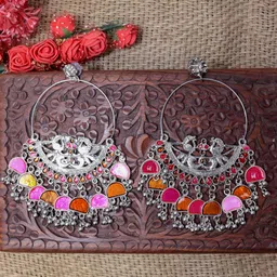 VAGHBHATT Silver Plated Oxidised Contemporary Afhgan Stone Beaded Chandbali Earrings-24