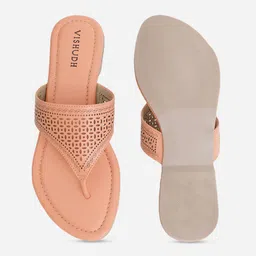 Vishudh Women Peach Textured Open Toe Flats with Laser Cut image 4