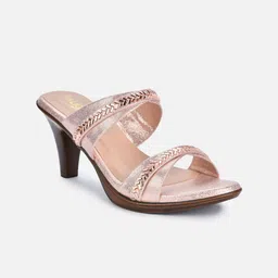 VALIOSAA Rose Gold Embellished Ethnic Block Sandals with Laser Cuts-44