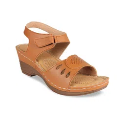 XE Looks Tan Solid Wedge Sandals with Laser Cuts-4