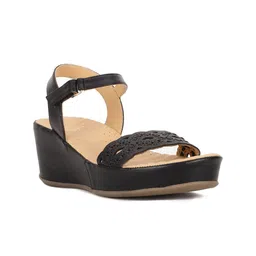 Scholl Black Leather Wedge Heels with Laser Cuts-39