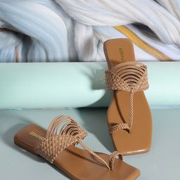 Anouk Beige Textured Open Toe Flats-17