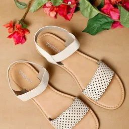 Vishudh Women Cream Textured Open Toe Flats with Laser Cuts-image-90