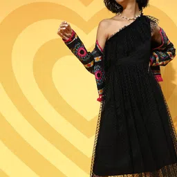 Athena Women Stylish Black Self-Design One-Shoulder Dress-image-72