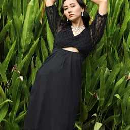 Campus Sutra Self Design V-Neck Cut Out A-Line Knee Length Dress-image-85