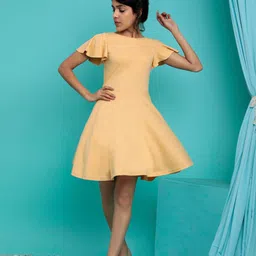 Lake Peace Women Yellow Solid Organic Cotton Flared Sleeves Fit And Flare Mini Dress-image-93