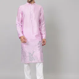 HILO DESIGN Floral Embroidered Mandarin Collar Cotton Silk Straight Kurta-picture-55