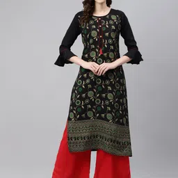 Sasimo Women Black & Green Floral Printed Bell Sleeves Floral Kurta-image-28