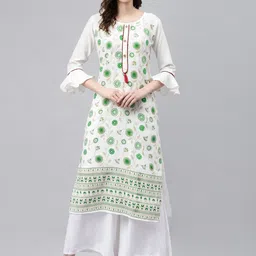 Sasimo Women White & Green Ethnic Motifs Printed Thread Work Kurta-image-39