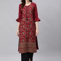 Sasimo Women Maroon Ethnic Motifs Print Thread Work Kurta-image-73