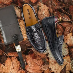 Men Black Perforated Leather Loafers-image-20