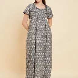 Sweet Dreams Grey Abstract Printed Pure Cotton Maxi Nightdress-59