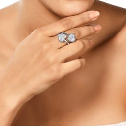 AMI Silver-Plated White Cubic Zirconia Studded Heart-Shaped Adjustable Double Finger Ring-image-14