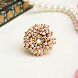 BeAbhika Kundan Studded & Pearl Beaded Adjustable Finger Ring image 1