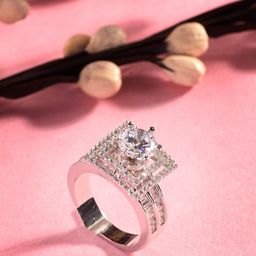 Saraf RS Jewellery Silver-Plated & White AD Studded Solitaire Square Finger Ring-21