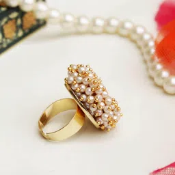 BeAbhika Kundan Studded & Pearl Beaded Adjustable Finger Ring image 2