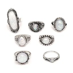 Shining Diva Fashion Set Of 7 Oxidized Silver-Plated White Pearl-Studded Opal Boho Midi Finger Ring image 3