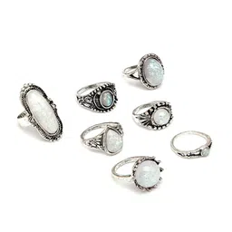 Shining Diva Fashion Set Of 7 Oxidized Silver-Plated White Pearl-Studded Opal Boho Midi Finger Ring image 2
