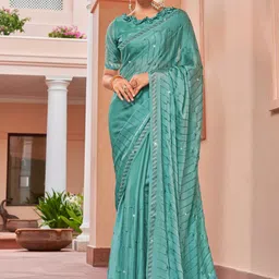 Kalista Sea Green & Black Embellished Beads and Stones Satin Saree-image-88