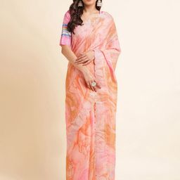 Mitera Peach-Coloured Abstract Printed Beads and Stones Pure Chiffon Saree-image-37