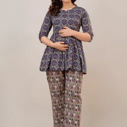 CELEBRAVO Floral Printed Round Neck Flared A-Line Pure Cotton Maternity Kurti With Trouser-picture-13