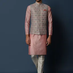 KISAH Mandarin Collar Regular Kurta with Trousers & Printed Nehru Jacket-45
