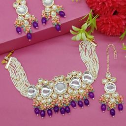 AASHISH IMITATION Gold Plated Kundan Studded & Beaded Jewellery Set-image-49