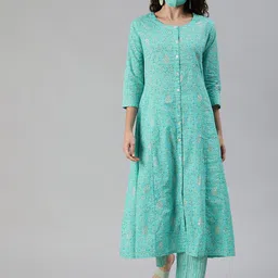 Ishin Ethnic Motifs Printed Mirror Work Pure Cotton Kurta with Trousers & Mask-45