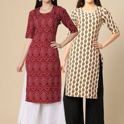 KALINI Set of 2 Women Printed Block Print Handloom Crepe Straight Kurta-image-65