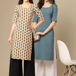KALINI Women Pack Of 2 Cream-Coloured & Green Ethnic Motifs Printed Crepe Kurta-9