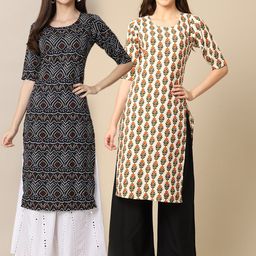 KALINI Set of 2 Women Printed Block Print Handloom Crepe Straight Kurta-image-3