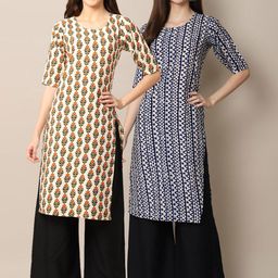 KALINI Women Pack Of 2 Cream-Coloured & Blue Ethnic Motifs Printed Block Print Crepe Kurta-23