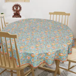 INDHOME LIFE Green & Orange Floral-Printed Pure-Cotton 4-Seater Table Cover-picture-32