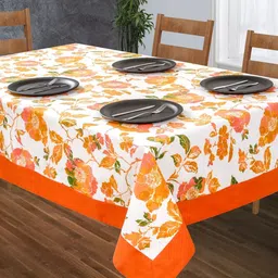 SHADES of LIFE Orange Colored Floral Printed Pure Cotton 4 Seater Table Covers-45