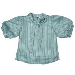 Peppermint Girls Vertical Striped Tie-Up Neck Puff Sleeves Top-image-65