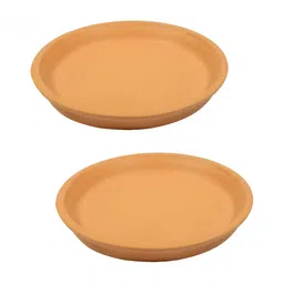 LASAKI Tan Brown 2Pcs Round Ceramic Planter Trays-16
