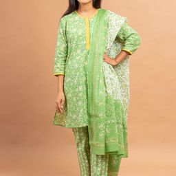 Sangria Girls Green & White Floral Printed Pure Cotton Kurta With Trousers & Dupatta-image-36