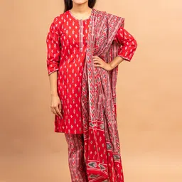 Sangria Girls Red & White Ikat Printed Pure Cotton  Kurta Trouser With Dupatta-image-56
